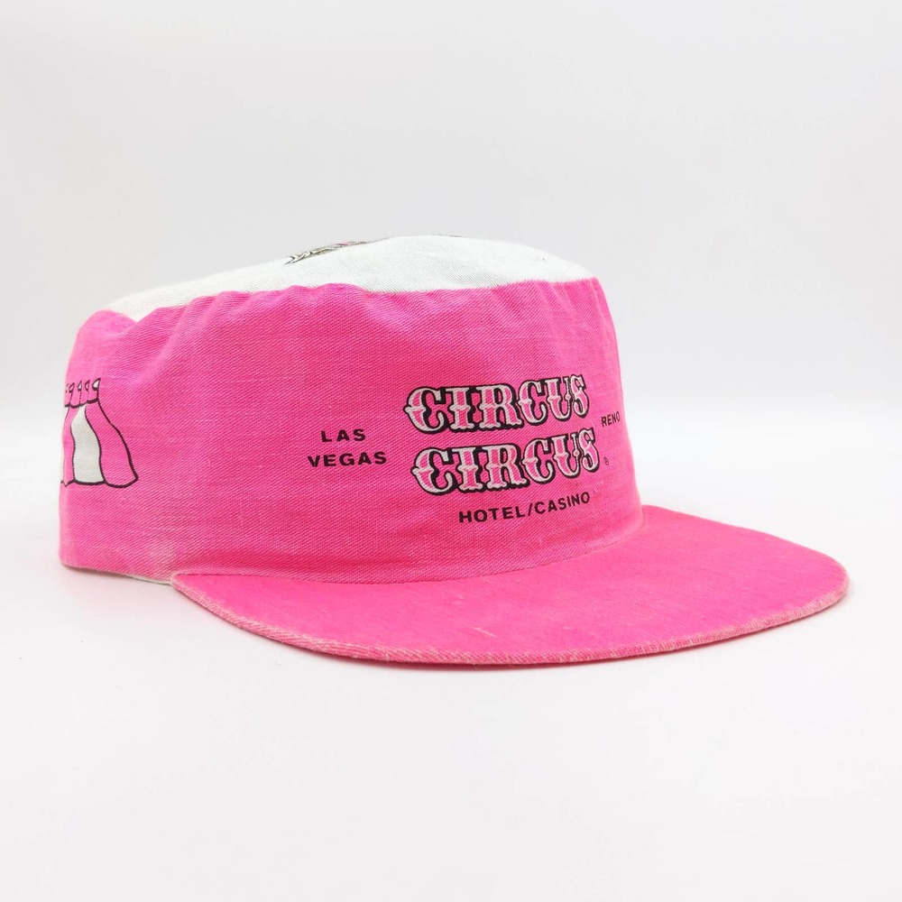 Vintage Circus Circus Painters Hat Biker Cap Casino Las Vegas Reno Pink White